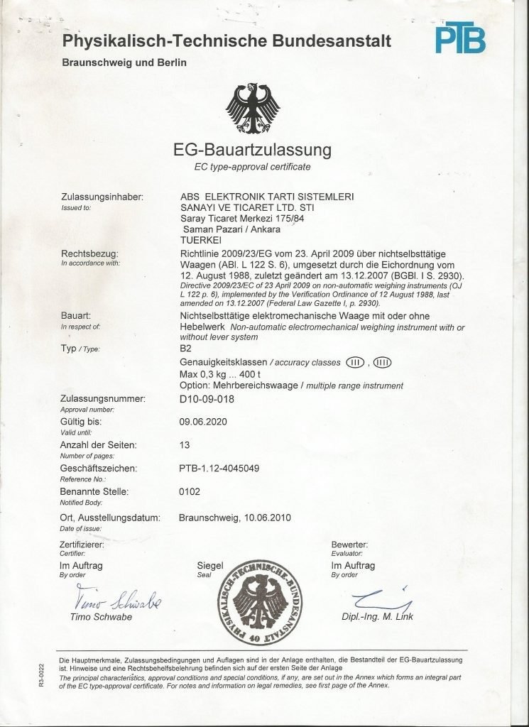 Electronic truck scale certificate